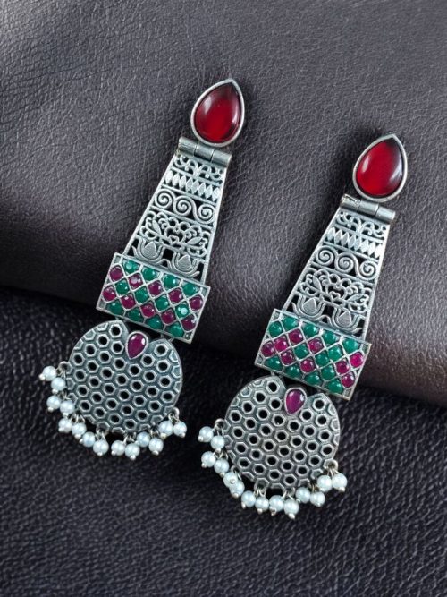 Long oxidized silver plated pearl work stone earrings