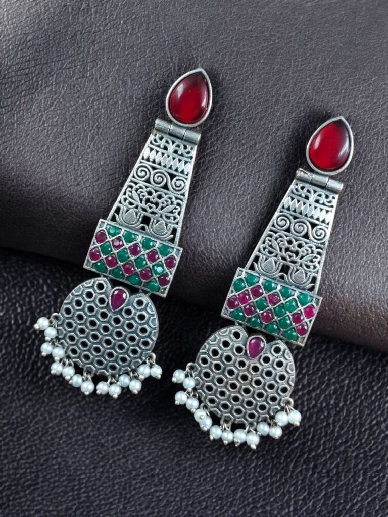 Bulk 824 Handcrafted Oxidized Long Earrings | Stone & Pearl Work Unique Design Jewelry For Girls - "Red-Green"
