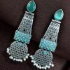 Long oxidized silver plated pearl work stone earrings