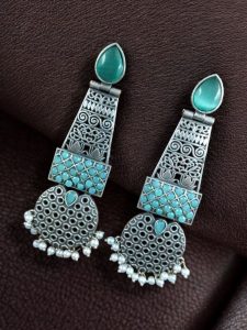 Handcrafted Oxidized Long Earrings | Stone & Pearl Work Unique Design Jewelry For Girls - color: "Mint"