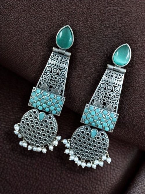 Long oxidized silver plated pearl work stone earrings