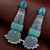 oxidized Long earrings silver plated pearl work stone earrings
