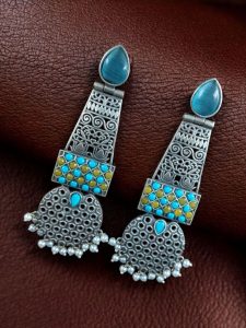 Handcrafted Oxidized Long Earrings | Stone & Pearl Work Unique Design Jewelry For Girls - color: "Aqua-Yellow"
