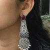 oxidized Long earrings silver plated pearl work stone earrings