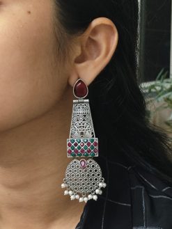 oxidized Long earrings silver plated pearl work stone earrings