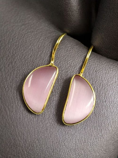 Gold plated half circle earrings with Monalisa stone and hook design
