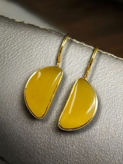Gold plated half circle earrings with Monalisa stone and hook design