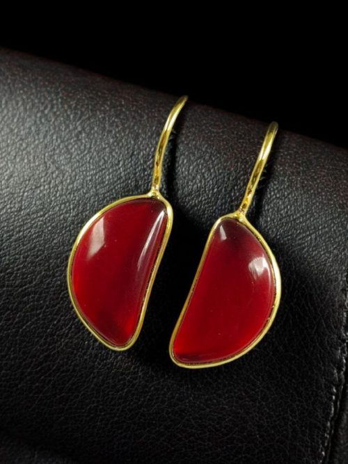 Gold plated half circle earrings with Monalisa stone and hook design