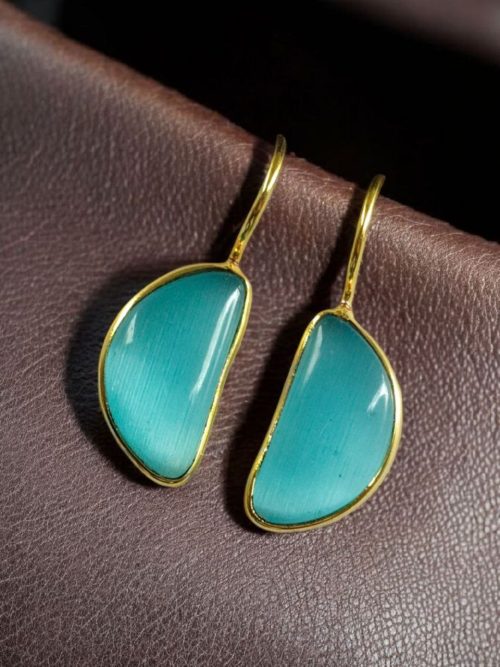 Gold plated half circle earrings with Monalisa stone and hook design