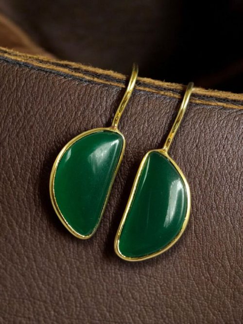Gold plated half circle earrings with Monalisa stone and hook design