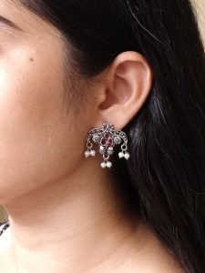 Ethnic Silver Plated Pearl Stud Earrings | Stone Work Best Jewelry for Women - color: "Red"