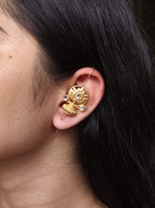 Gold plated lotus design earcuff with stone work for women