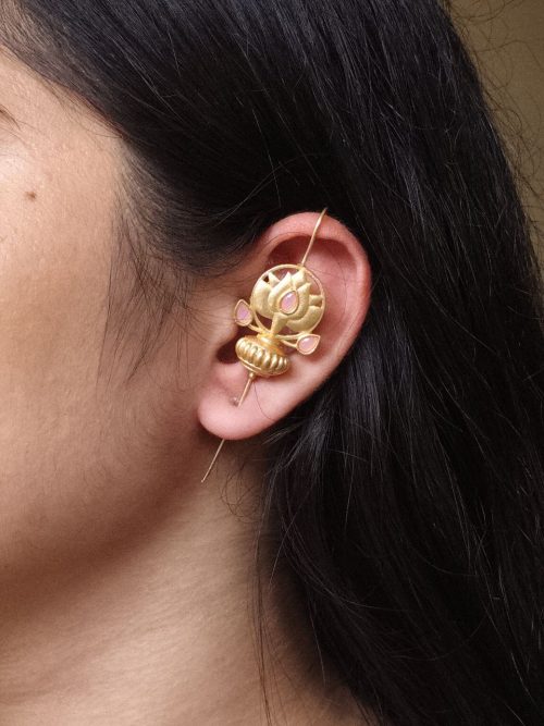 Gold plated lotus design earcuff with stone work for women