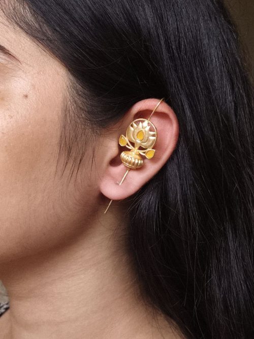 Gold plated lotus design earcuff with stone work for women