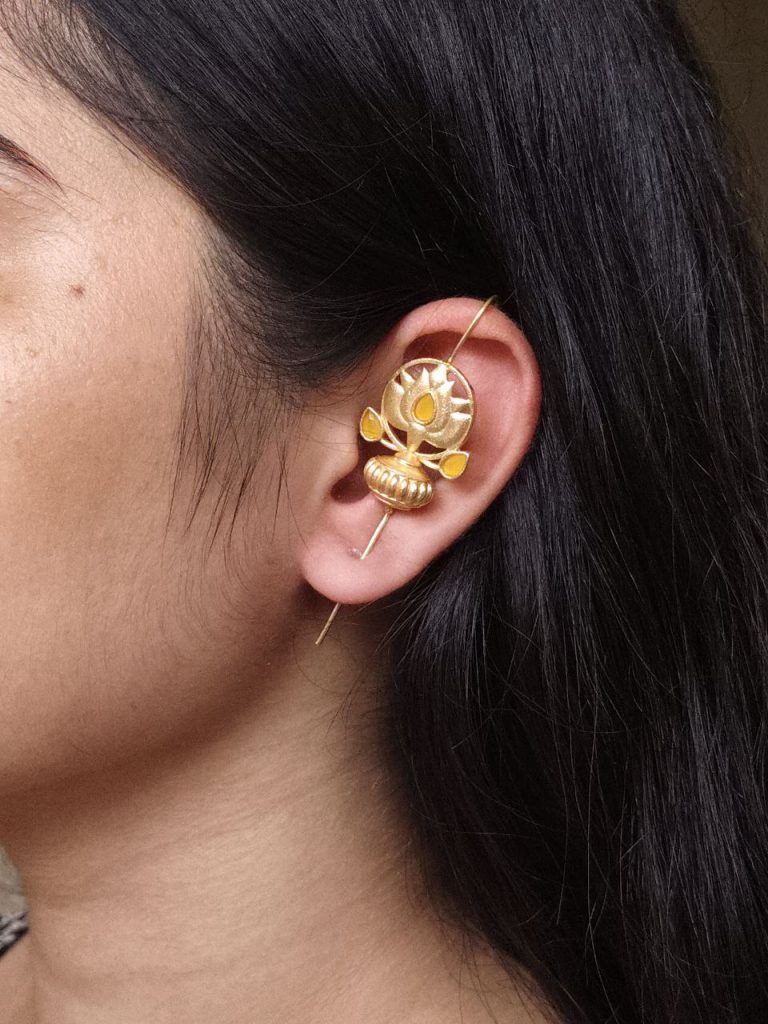 Bulk 742 Adorable Gold Plated Lotus Design Earcuff | Casual & Traditional Wear Jewelry Gift For Her - "Yellow"