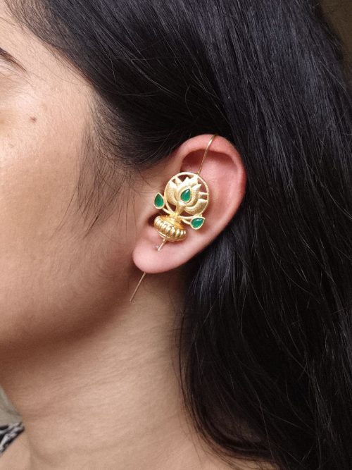 Gold plated lotus design earcuff with stone work for women