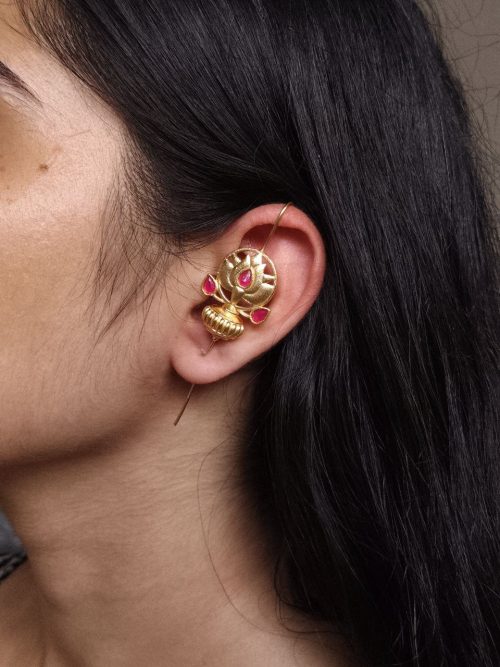 Gold plated lotus design earcuff with stone work for women