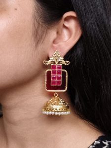 Affordable Traditional Gold Plated Floral Art Jhumka Earrings | Monalisa Stone & Pearl Work Jewelry - color: "Red"