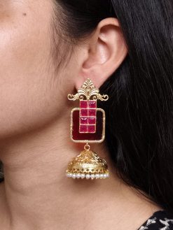 Gold plated floral art jhumka earrings with Monalisa stone and pearl work