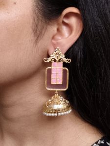 Affordable Traditional Gold Plated Floral Art Jhumka Earrings | Monalisa Stone & Pearl Work Jewelry - color: "Baby Pink"