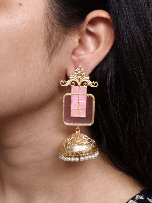 Gold plated floral art jhumka earrings with Monalisa stone and pearl work