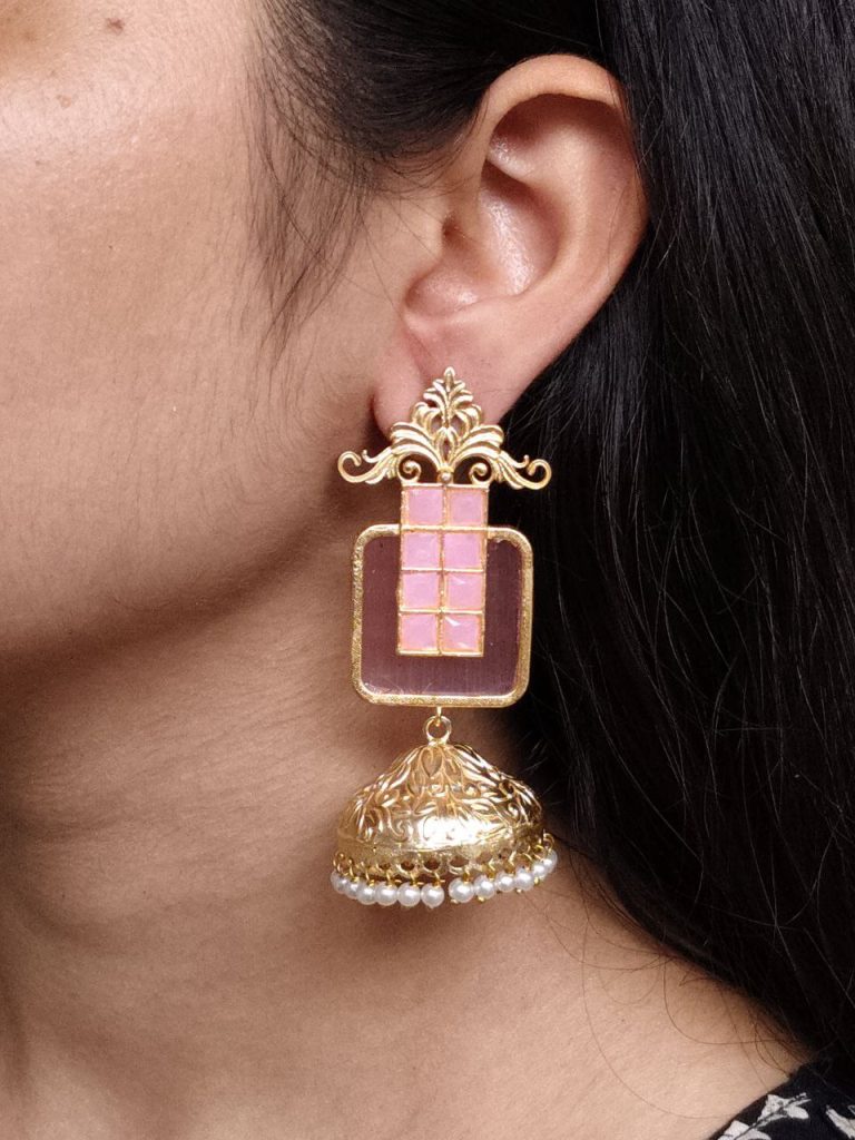 Bulk 712 Affordable Traditional Gold Plated Floral Art Jhumka Earrings | Monalisa Stone & Pearl Work Jewelry - "Baby Pink"