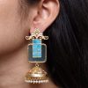 Gold plated floral art jhumka earrings with Monalisa stone and pearl work
