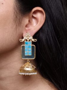 Affordable Traditional Gold Plated Floral Art Jhumka Earrings | Monalisa Stone & Pearl Work Jewelry - color: "Aqua"