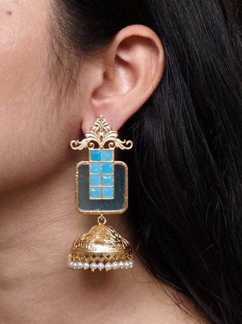 Gold plated floral art jhumka earrings with Monalisa stone and pearl work