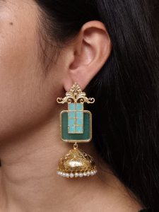 Affordable Traditional Gold Plated Floral Art Jhumka Earrings | Monalisa Stone & Pearl Work Jewelry - color: "Mint"