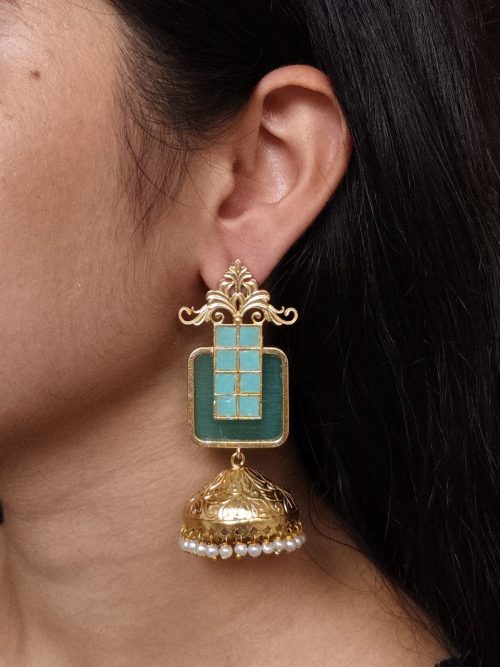 Gold plated floral art jhumka earrings with Monalisa stone and pearl work