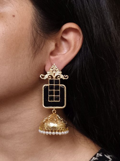 Gold plated floral art jhumka earrings with Monalisa stone and pearl work