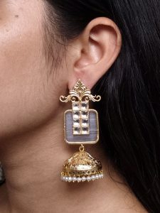 Affordable Traditional Gold Plated Floral Art Jhumka Earrings | Monalisa Stone & Pearl Work Jewelry - color: "Grey"