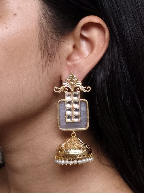 Gold plated floral art jhumka earrings with Monalisa stone and pearl work