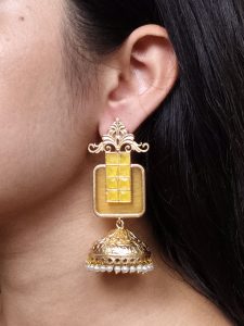 Affordable Traditional Gold Plated Floral Art Jhumka Earrings | Monalisa Stone & Pearl Work Jewelry - color: "Yellow"
