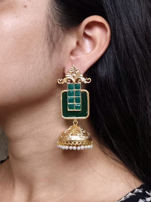 Gold plated floral art jhumka earrings with Monalisa stone and pearl work