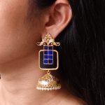 Affordable Traditional Gold Plated Floral Art Jhumka Earrings | Monalisa Stone & Pearl Work Jewelry - "Blue"