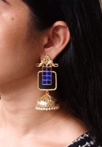 Affordable Traditional Gold Plated Floral Art Jhumka Earrings | Monalisa Stone & Pearl Work Jewelry - color: "Blue"