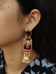 Traditional Elephant Jhumki Earrings | Gold Plated with Monalisa Stone & Pearl Work Beautiful Jewelry - color: "Red"