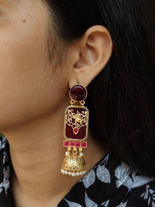 Gold plated elephant jhumki earrings with Monalisa stone and pearl work