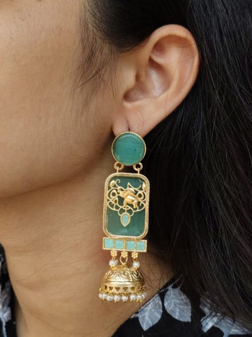 Gold plated elephant jhumki earrings with Monalisa stone and pearl work