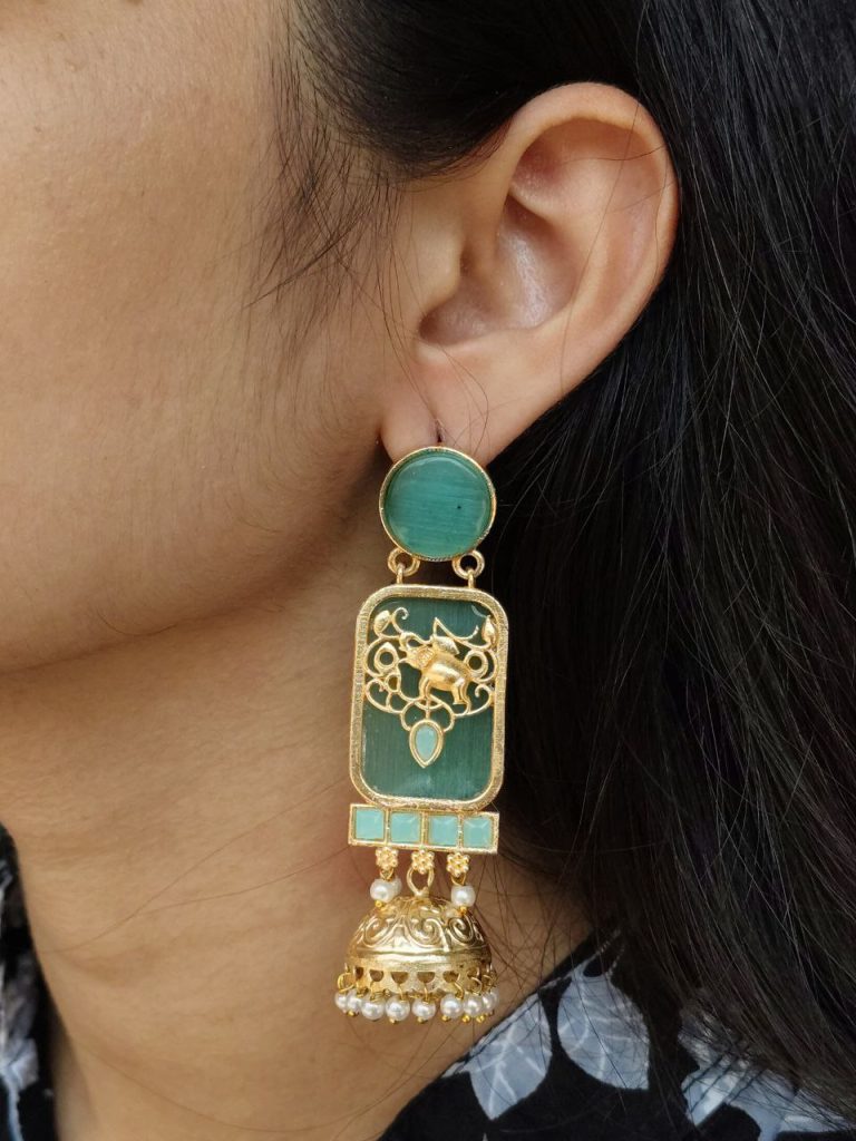 Bulk 698 Traditional Elephant Jhumki Earrings | Gold Plated with Monalisa Stone & Pearl Work Beautiful Jewelry - "Mint"