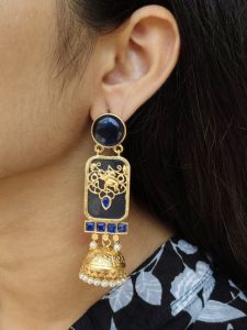 Traditional Elephant Jhumki Earrings | Gold Plated with Monalisa Stone & Pearl Work Beautiful Jewelry - color: "Blue"