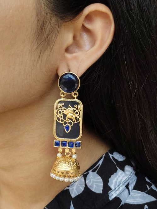 Gold plated elephant jhumki earrings with Monalisa stone and pearl work