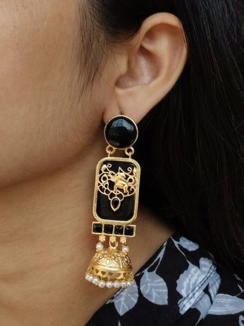 Gold plated elephant jhumki earrings with Monalisa stone and pearl work