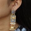 Gold plated elephant jhumki earrings with Monalisa stone and pearl work