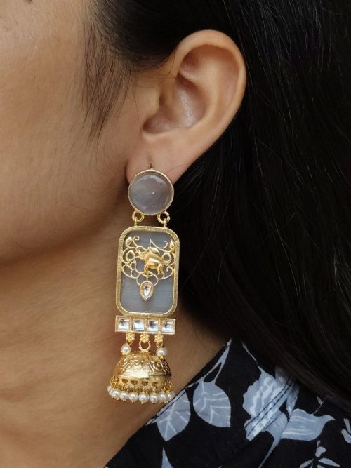 Gold plated elephant jhumki earrings with Monalisa stone and pearl work
