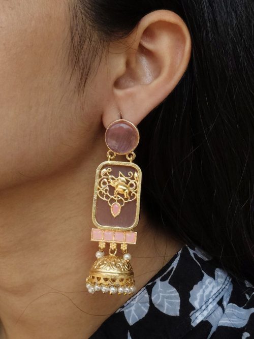 Gold plated elephant jhumki earrings with Monalisa stone and pearl work