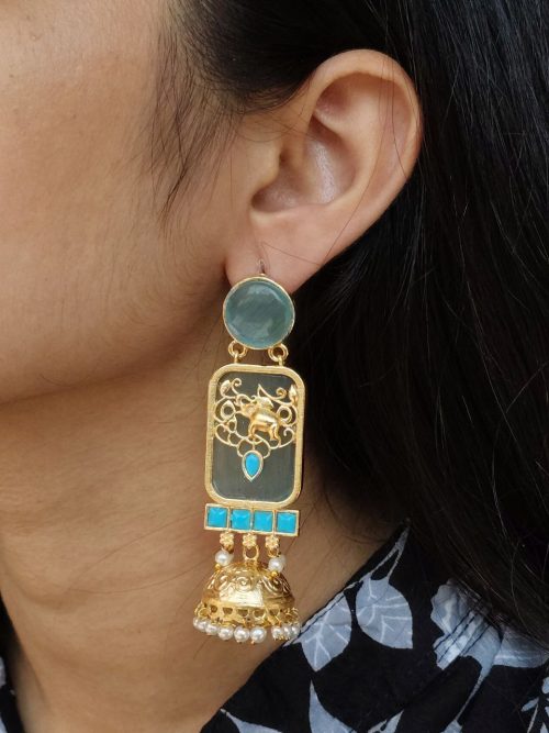 Gold plated elephant jhumki earrings with Monalisa stone and pearl work