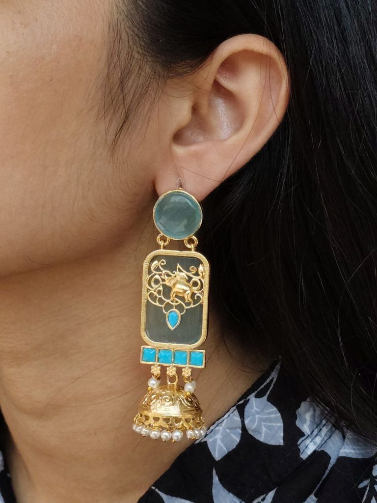 Bulk 686 Traditional Elephant Jhumki Earrings | Gold Plated with Monalisa Stone & Pearl Work Beautiful Jewelry - "Aqua"